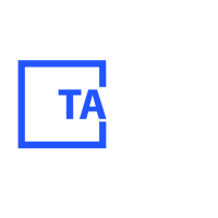 a blue and white logo with the word at
